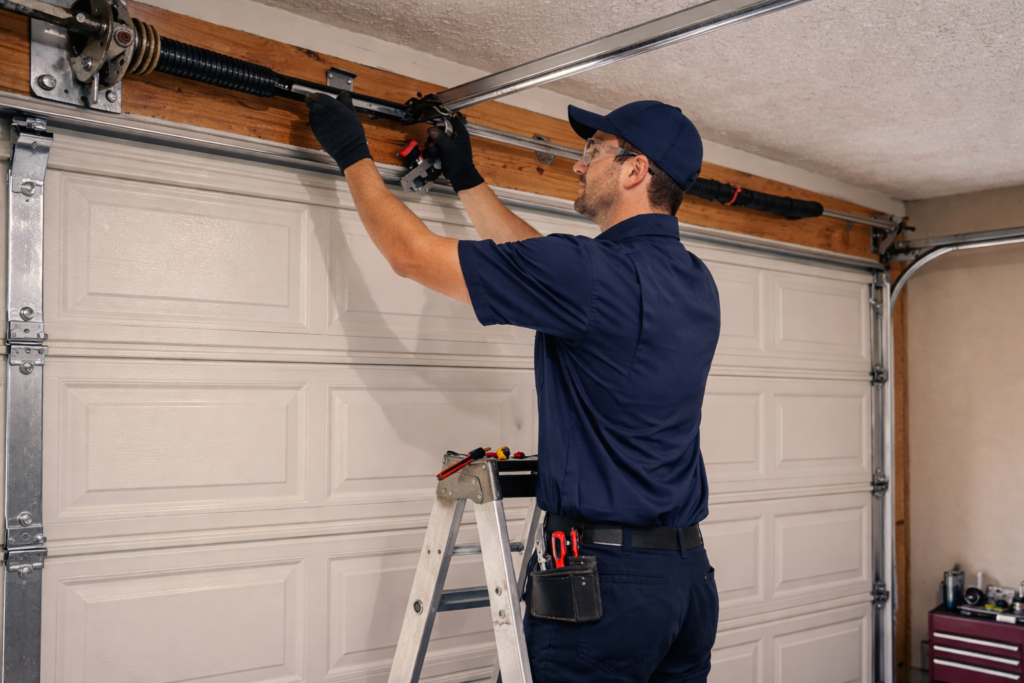 Home tech fixing spring on overhead in goshen