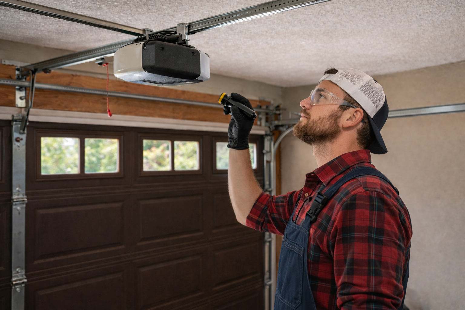 Home tech inspecting garage door remote at home in osceola